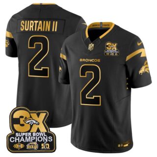 Men's Denver Broncos #2 Pat Surtain II Black Gold F.U.S.E. 3-Time Champions Patch Vapor Limited Stitched Football Jersey