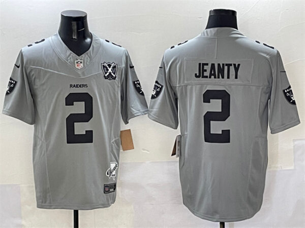 Men's Las Vegas Raiders #2 Ashton Jeanty Gray 2025 Draft F.U.S.E. With Nevada Silver Stat Patch And 65th Anniversary Patch Stitched Football Jersey