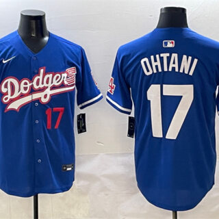 Men's Los Angeles Dodgers #17 Shohei Ohtani Royal With American Flag Patch Limited Stitched Baseball Jersey