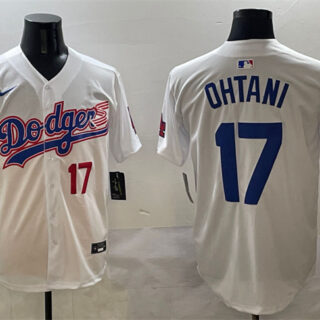 Men's Los Angeles Dodgers #17 Shohei Ohtani White With American Flag Patch Limited Stitched Baseball Jersey