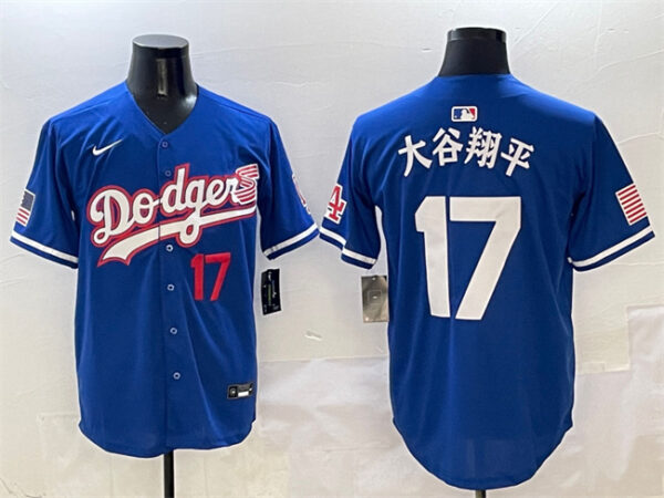Men's Los Angeles Dodgers #17 Shohei Ohtani Royal With American Flag Patch Limited Stitched Baseball Jersey