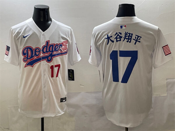 Men's Los Angeles Dodgers #17 Shohei Ohtani White With American Flag Patch Limited Stitched Baseball Jersey
