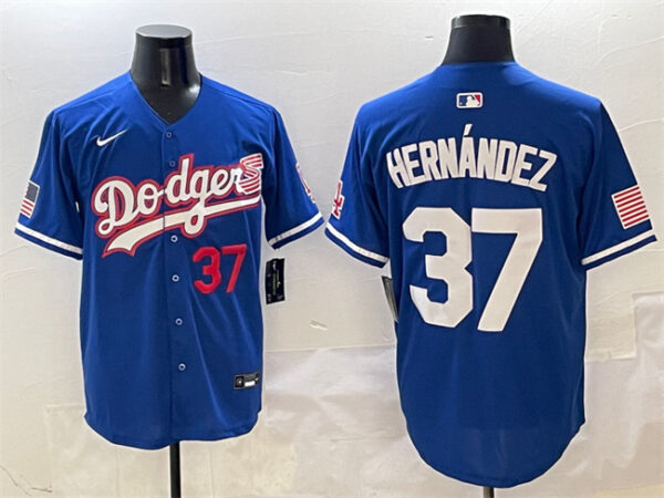 Men's Los Angeles Dodgers #37 Teoscar Hernandez Royal With American Flag Patch Limited Stitched Baseball Jersey