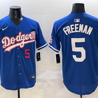 Men's Los Angeles Dodgers #5 Freddie Freeman Royal With American Flag Patch Limited Stitched Baseball Jersey
