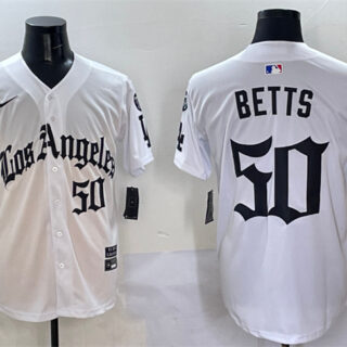 Men's Los Angeles Dodgers #50 Mookie Betts White Mexico 2025 LA Gothic Style With Fernando Patch Vapor Premier Limited Stitched Baseball Jersey