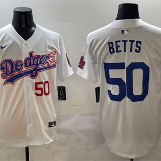 Men's Los Angeles Dodgers #50 Mookie Betts White With American Flag Patch Limited Stitched Baseball Jersey