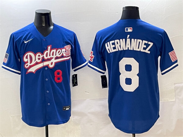 Men's Los Angeles Dodgers #8 Enrique Hernandez Royal With American Flag Patch Limited Stitched Baseball Jersey