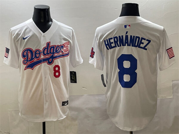 Men's Los Angeles Dodgers #8 Enrique Hernandez White With American Flag Patch Limited Stitched Baseball Jersey