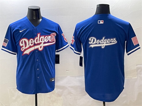 Men's Los Angeles Dodgers Team Big Logo Royal With American Flag Patch Limited Stitched Baseball Jersey