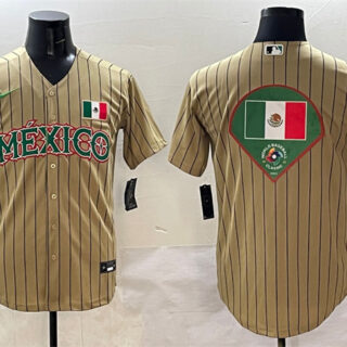 Men's Mexico Baseball Tan 2023 World Baseball Classic Team Big Logo Stitched Jersey