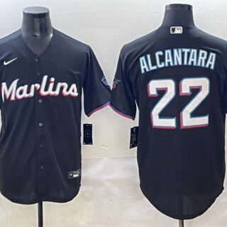 Men's Miami Marlins #22 Sandy Alcantara Black Cool Base Stitched Jersey
