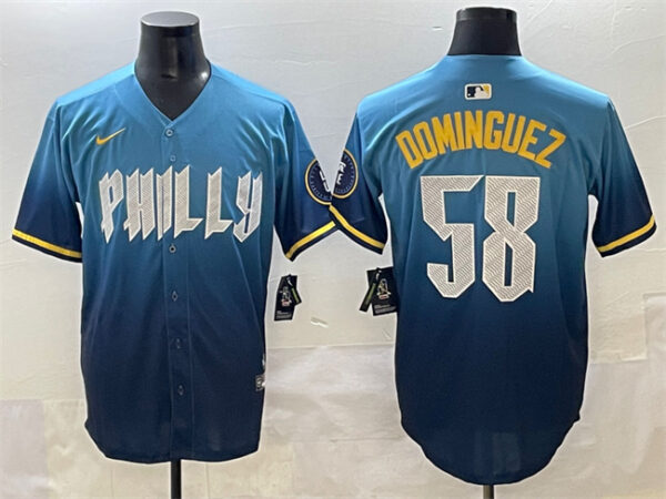 Men's Philadelphia Phillies #58 Seranthony Dom??nguez Blue 2024 City Connect Limited Stitched Jersey