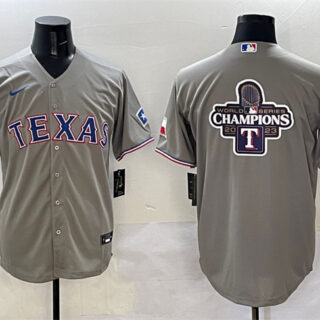Men's Texas Rangers Grey 2023 World Series Champions Big Logo With Patch Cool Base Stitched Baseball Jersey