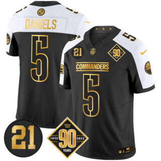 Men's Washington Commanders #5 Jayden Daniels Black Gold F.U.S.E. 90th & Sean Taylor Patch Vapor Limited Stitched Football Jersey
