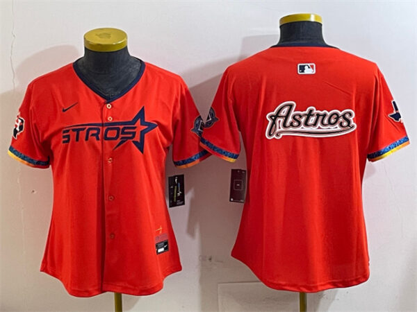 Women's Houston Astros Team Big Logo Orange 2025 City Connect With Texas Patch Limited Stitched Baseball Jersey(Run Small)