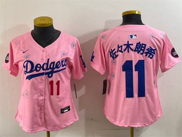 Women's Los Angeles Dodgers #11 Roki Sasaki Pink 2025 Tokyo Series Limited Stitched Baseball Jersey(Run Small)