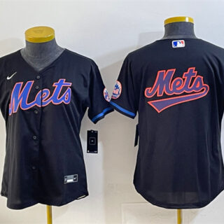 Women's New York Mets Team Big Logo Black Cool Base Stitched Baseball Jersey(Run Small) 1