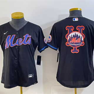 Women's New York Mets Team Big Logo Black Cool Base Stitched Baseball Jersey(Run Small)