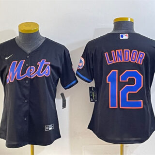 Youth New York Mets #12 Francisco Lindor Black Cool Base Stitched Baseball Jersey
