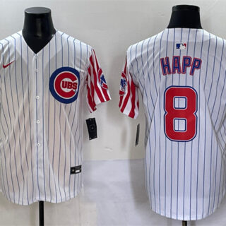 Men's Chicago Cubs #8 Ian Happ White Pinstripe 2025 Independence Day Vapor Premier Limited Stitched Baseball Jersey