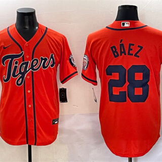 Men's Detroit Tigers #28 Javier Baez Orange With Patch Cool Base Stitched Baseball Jersey