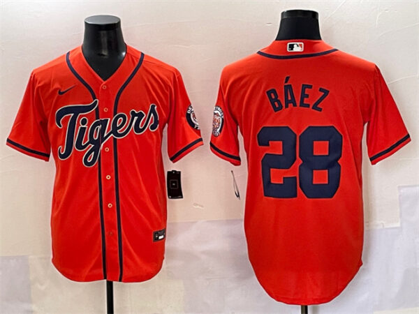 Men's Detroit Tigers #28 Javier Baez Orange With Patch Cool Base Stitched Baseball Jersey