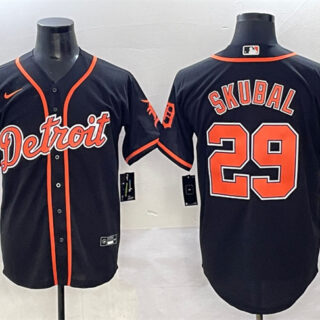 Men's Detroit Tigers #29 Tarik Skubal Black With Patch Cool Base Stitched Baseball Jersey