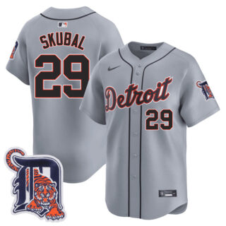 Men's Detroit Tigers #29 Tarik Skubal Grey Logo Patch Vapor Premier Limited Stitched Baseball Jersey