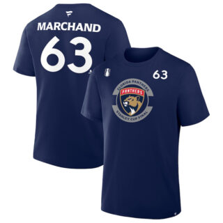 Men's Florida Panthers #63 Brad Marchand Navy 2025 Stanley Cup Final Pro Name & Number T-Shirt