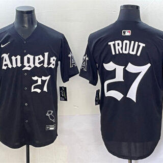 Men's Los Angeles Angels #27 Mike Trout Black 'Gothic Halo Edition' Vapor Limited Stitched Baseball Jersey