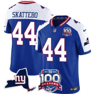 Men's New York Giants #44 Cam Skattebo Royal White 2025 Draft F.U.S.E. 100th Season & State Patch Vapor Limited Stitched Football Jersey