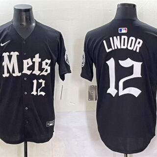 Men's New York Mets #12 Francisco Lindor Black 'Gotham Gothic Edition' Vapor Premier Limited Stitched Baseball Jersey