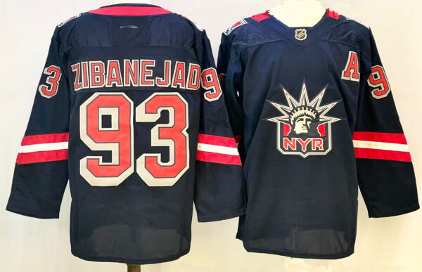 Men's New York Rangers #93 Mika Zibanejad Navy With A Patch 2024-25 Away Stitched Hockey Jersey