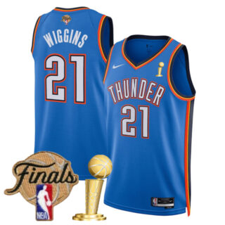 Men's Oklahoma City Thunder #21 Aaron Wiggins Blue 2025 Finals Patch And Finals Champions Patch Icon Edition Stitched Basketball Jersey