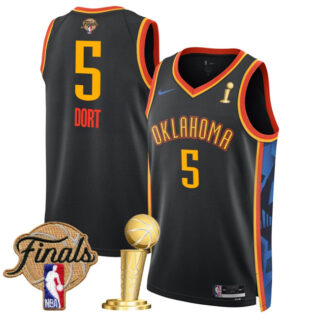 Men's Oklahoma City Thunder #5 Luguentz Dort Black 2025 Finals Patch And Finals Champions Patch City Edition Stitched Basketball Jersey