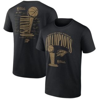 Men's Oklahoma City Thunder Black 2025 Finals Champions Double Dribble Roster Trophy T-Shirt