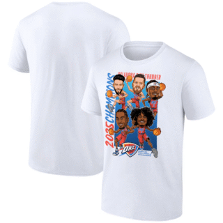 Men's Oklahoma City Thunder White 2025 Finals Champions Caricature Full Court T-Shirt