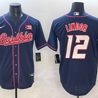 Men's Puerto Rico Baseball #12 Francisco Lindor Navy 2023 World Baseball Classic Stitched Jersey