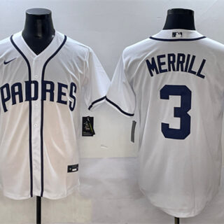 Men's San Diego Padres #3 Jackson Merrill White Cool Base Stitched Baseball Jersey