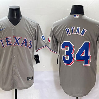 Men's Texas Rangers #34 Nolan Ryan Grey With Patch Cool Base Stitched Baseball Jersey