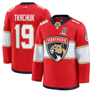 Men's Florida Panthers #19 Matthew Tkachuk Red Home 2025 Stanley Cup Champions Stitched Hockey Jersey