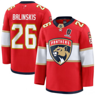 Men's Florida Panthers #26 Uvis Balinskis Red Home 2025 Stanley Cup Champions Stitched Jersey