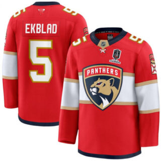 Men's Florida Panthers #5 Aaron Ekblad Red Home 2025 Stanley Cup Champions Stitched Jersey