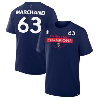 Men's Florida Panthers #63 Brad Marchand Navy 2025 Stanley Cup Champions Pro Name & Number T-Shirt