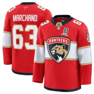 Men's Florida Panthers #63 Brad Marchand Red Home 2025 Stanley Cup Champions Stitched Hockey Jersey