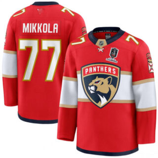 Men's Florida Panthers #77 Niko Mikkola Red Home 2025 Stanley Cup Champions Stitched Jersey