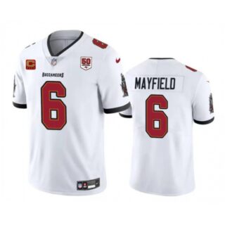 Men's Tampa Bay Buccaneers #6 Baker Mayfield White 2025 50th Anniversary And 4-Star C Vapor Untouchable Limited Football Stitched Jersey