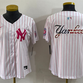 Women's New York Yankees Team Big Logo White Pink Pinstripe Limited Stitched Baseball Jersey Run Small)