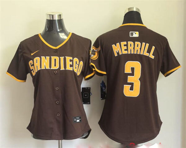 Women's San Diego Padres #3 Jackson Merrill Brown Away Stitched Baseball Jersey(Run Small)