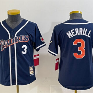 Youth San Diego Padres #3 Jackson Merrill Navy Throwback With Patch Stitched Baseball Jersey